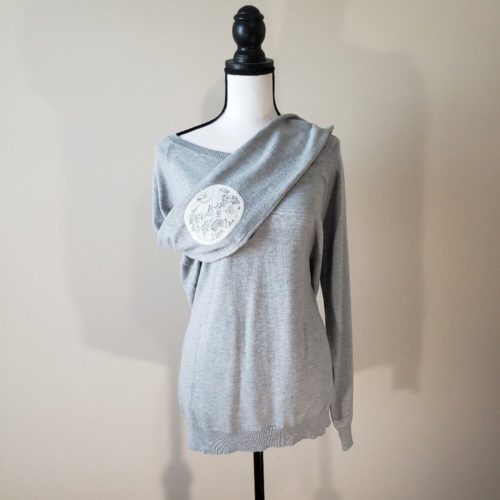 Brixon Ivy Fierro Women's Large Lace Elbow‎ Patch Gray Crew Neck Sweater NWT